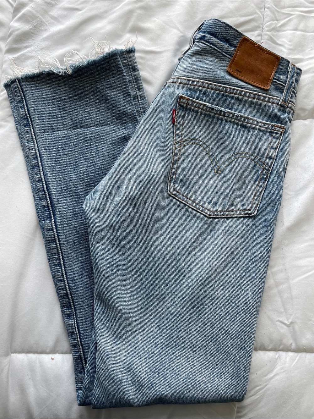 Levi's 501 Light Blue Straight Leg Women's Jeans with Raw Hem 2 tone jeans